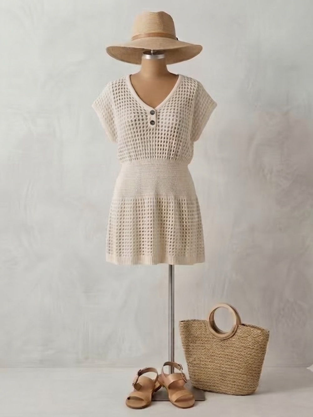 Beige Crochet Knit V-Neck Beach Cover-Up Dress Cream Cinched